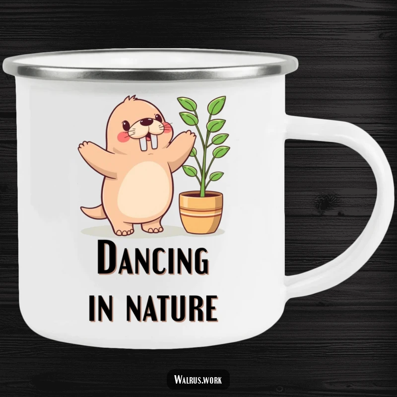 Funny camping mug with a cute Kawaii walrus doing a happy dance next to a potted plant, designed for cheerful outdoor moments.