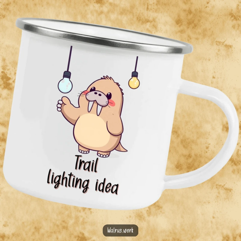 Funny camping mug with a cute Kawaii walrus pointing at a lightbulb, designed for outdoor brainstorming sessions.