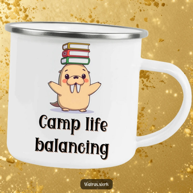 Funny camping mug with a cute Kawaii walrus balancing a stack of files on its head, designed for those who carry a lot.