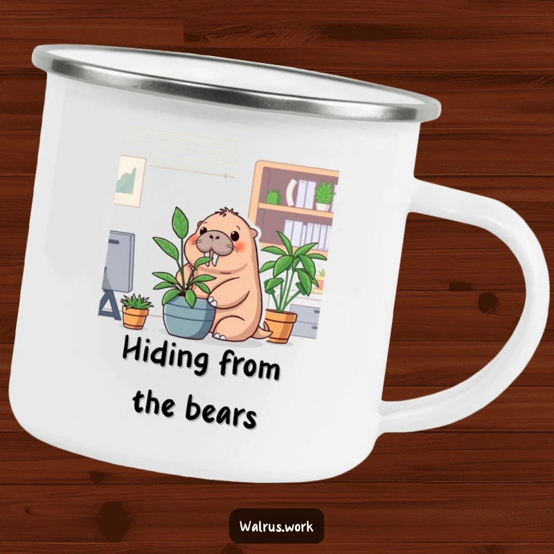Funny office walrus camping mug with a walrus hiding behind a potted plant, perfect for outdoor fun.
