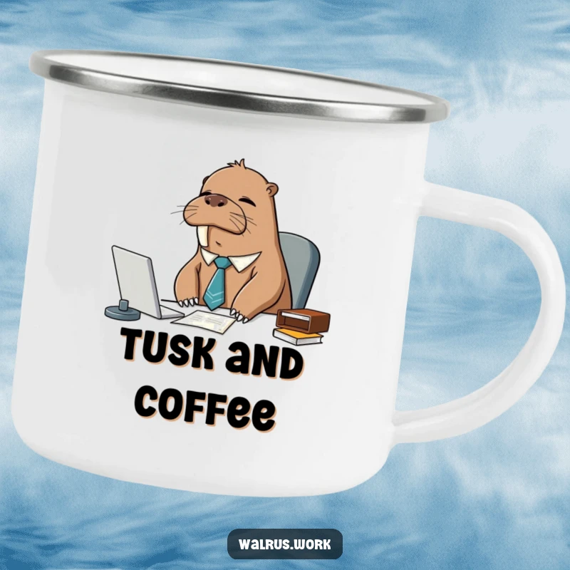 Funny sleepy walrus wearing a tie, at a desk, on a camping mug, for enjoying drinks with a humorous twist.