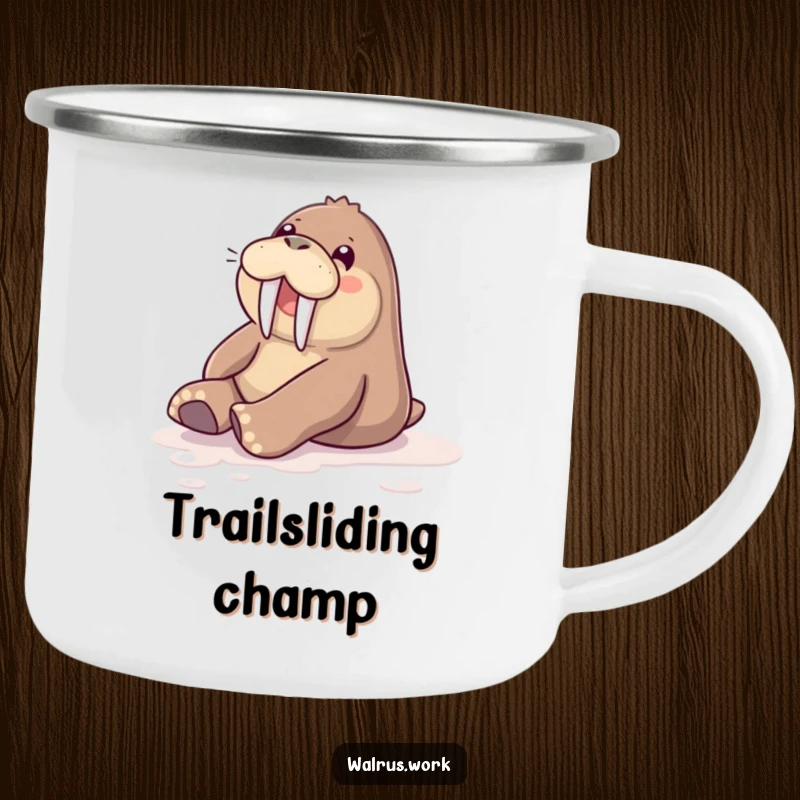 Funny camping mug with a walrus sliding on a polished floor, perfect for enjoying drinks anywhere.