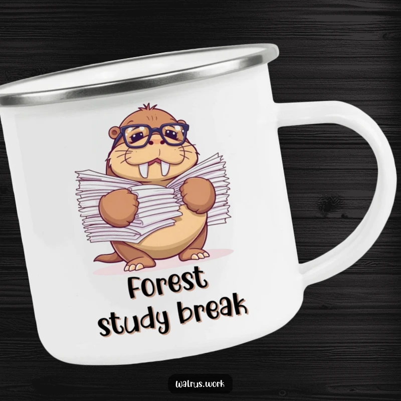 Funny enamel camping mug with a walrus wearing reading glasses, comically struggling with a huge stack of papers.