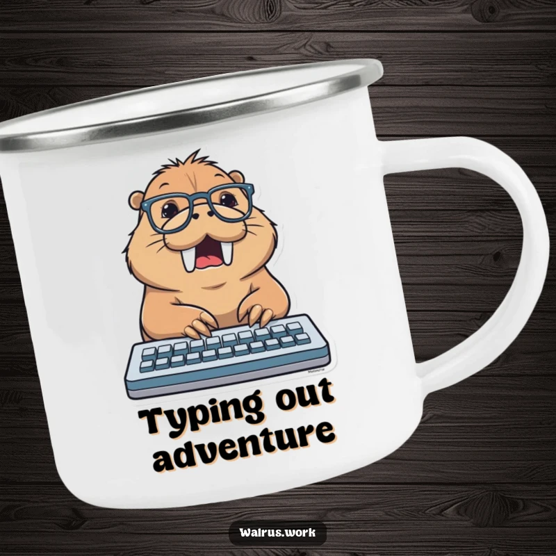 Funny camping mug featuring a walrus wearing glasses, typing excitedly on a keyboard, blending productivity humor with outdoor practicality.