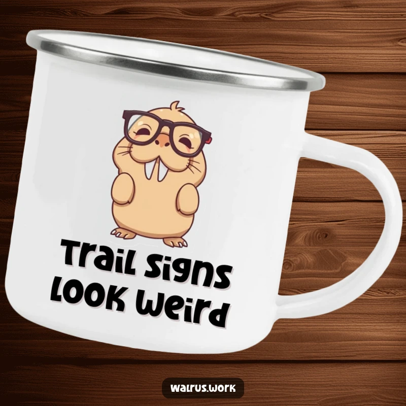 Funny upside down glasses walrus camping mug showing a bewildered sea mammal with misplaced eyewear, a rugged funny gift.