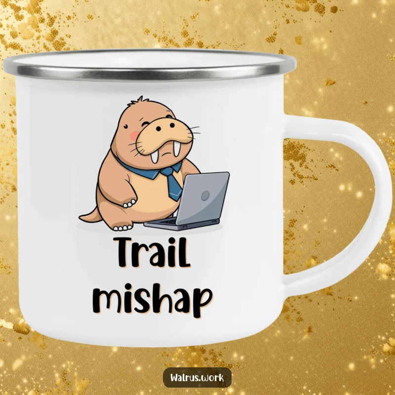 Funny camping mug featuring a flustered walrus in a business tie, tripping over a laptop, perfect for adventurers who embrace chaos.