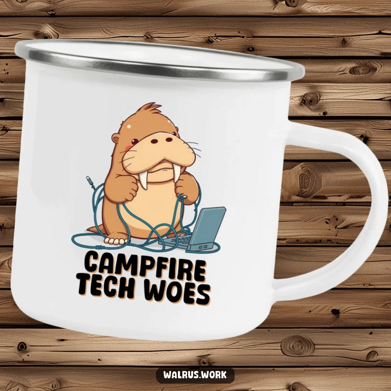 Funny walrus camping mug showing a determined walrus character tangled in computer cables, perfect for outdoor humor.
