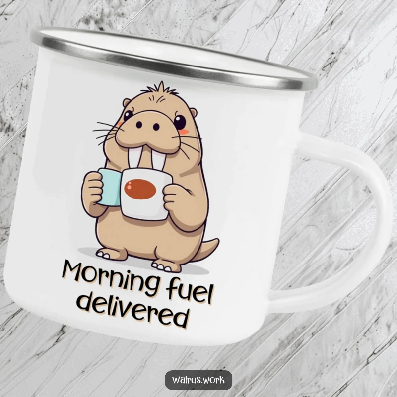 Funny Walrus Camping Mug: An excited walrus enthusiastically presents a coffee mug, perfect for outdoor adventures and morning brews.