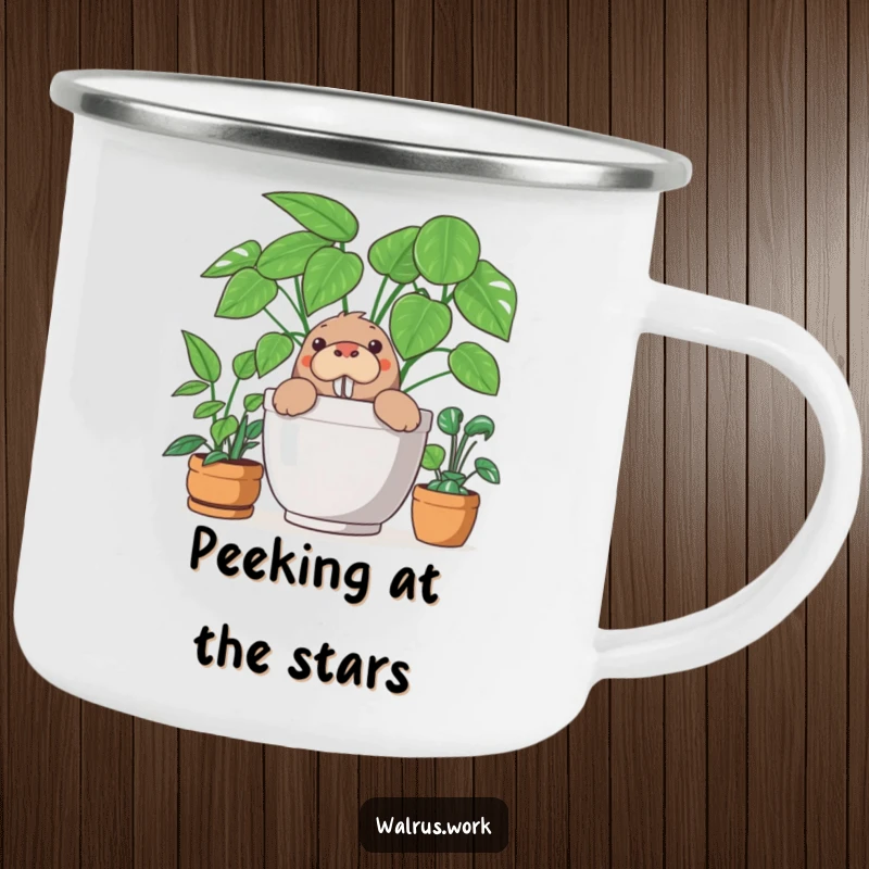 Funny enamel camping mug with a curious walrus peeking out from behind a large plant, perfect for humorous outdoor enjoyment.