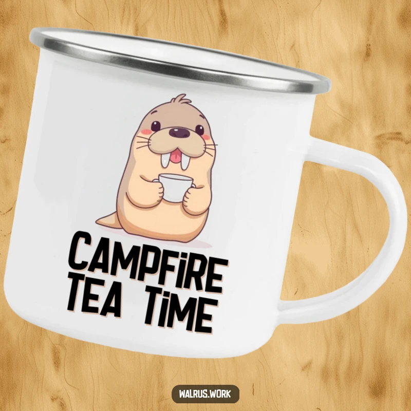 Funny enamel camping mug with a playful walrus balancing a delicate teacup on its snout, ready for humorous outdoor tea breaks.