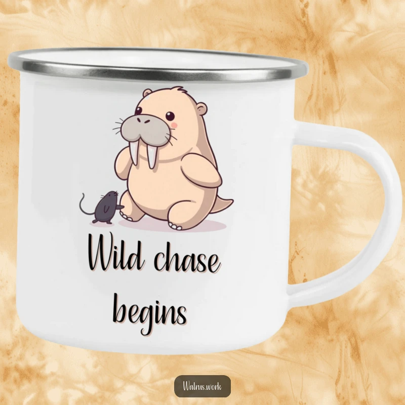 Funny Walrus Camping Mug: A walrus playfully chases a computer mouse pointer, bringing humorous tech fun to this durable outdoor mug.