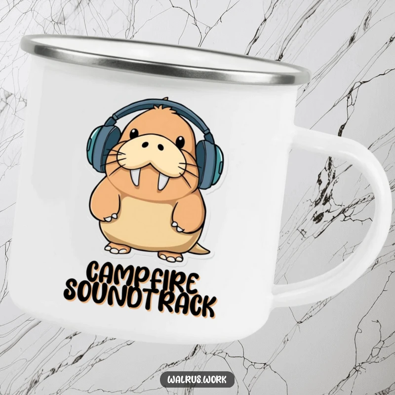 Funny walrus character wearing huge headphones with a comical expression, holding a camping mug, enjoying the outdoors.