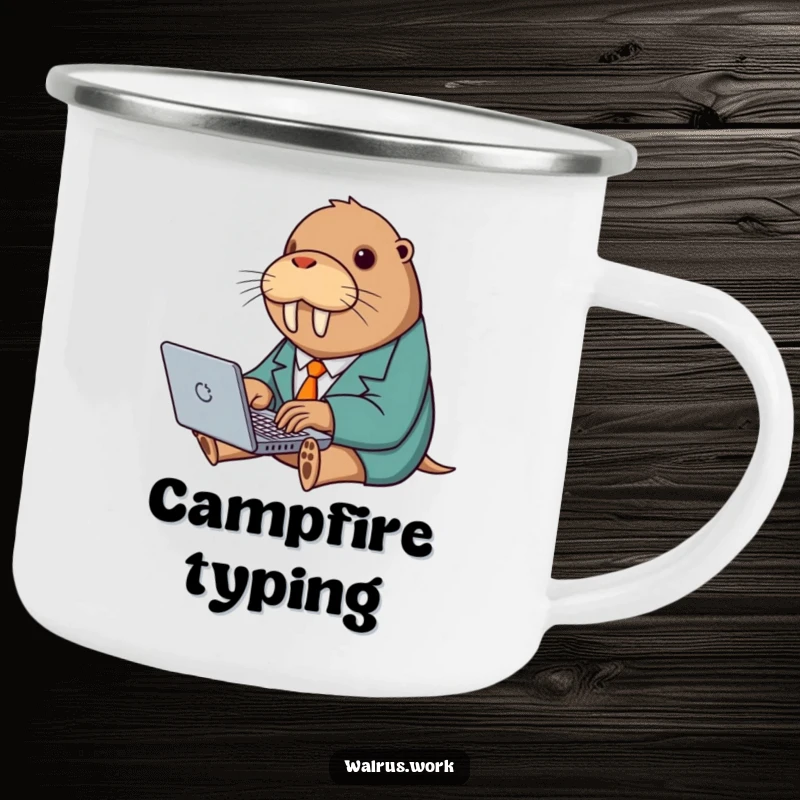 Funny camping mug featuring a walrus in a suit typing on a laptop, perfect for office humor outdoors.