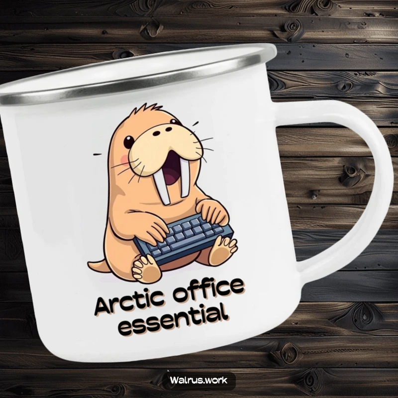 Funny walrus camping mug showing a determined sea mammal typing on a miniature keyboard, robust and humorous for outdoor use.