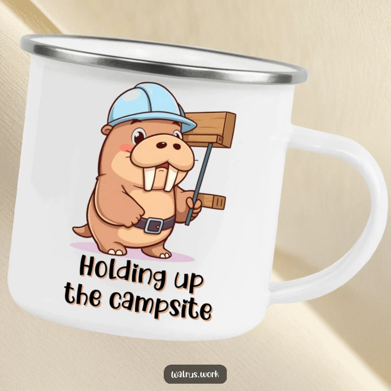 Funny walrus with hard hat humorously holding up a shelf, perfect for outdoor use. A funny gift for adventurers.