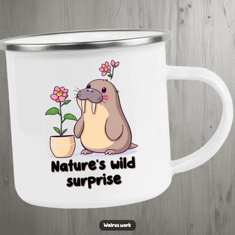 Funny walrus camping mug with a walrus surprised by a blooming desk plant, perfect for outdoors.