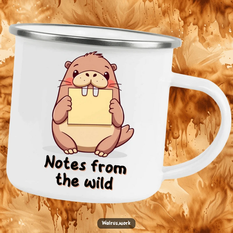 Funny walrus camping mug, a walrus holding a sticky note, ready for outdoor adventures and creative planning.