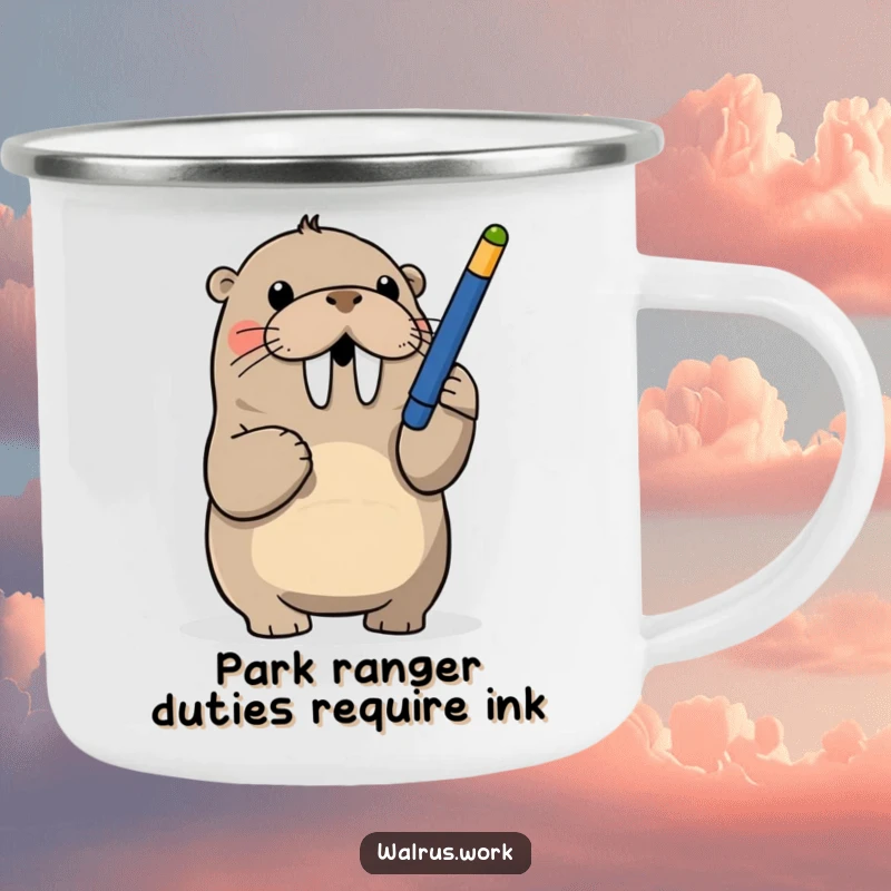 Funny camping mug featuring a walrus playfully batting at a dangling pen, ideal for outdoor breaks and hot beverages.