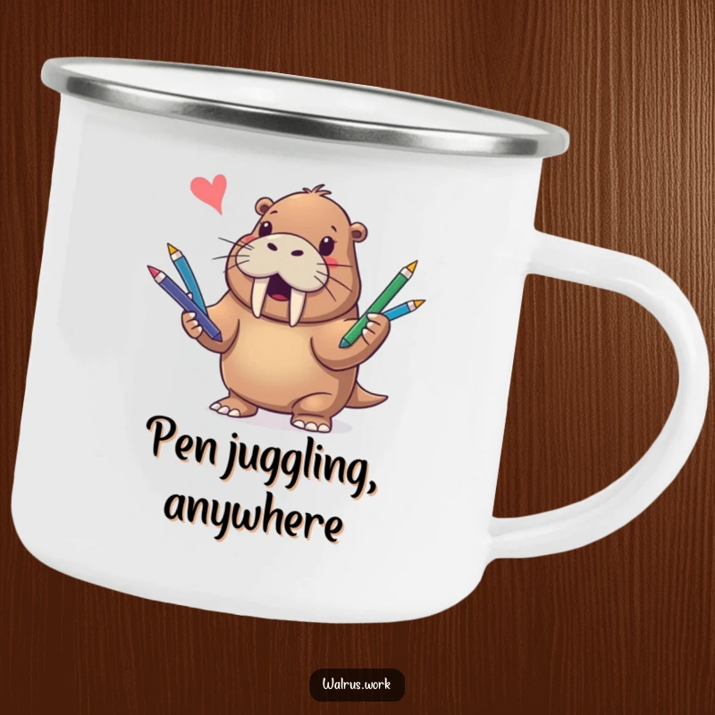 Funny camping mug showing a cheerful walrus juggling colorful pens, ideal for enjoying beverages outdoors with a smile.