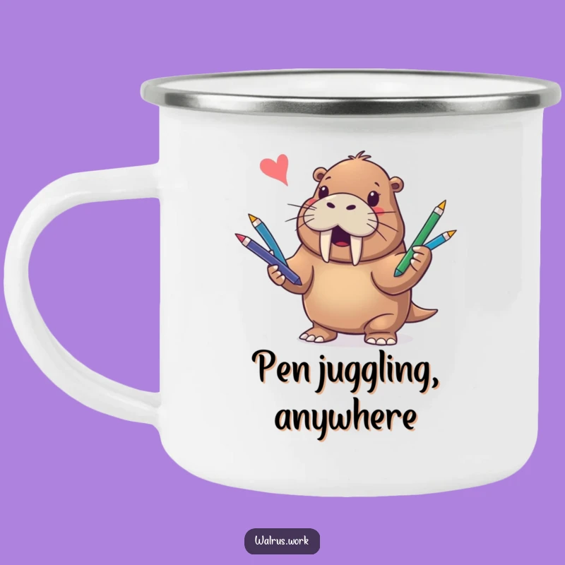 Funny Walrus Juggling Pens Camping Mug - Adventure Fuel with Humor