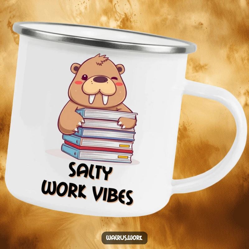 Funny camping mug with a walrus peeking from files and winking, ideal for outdoor or office use.