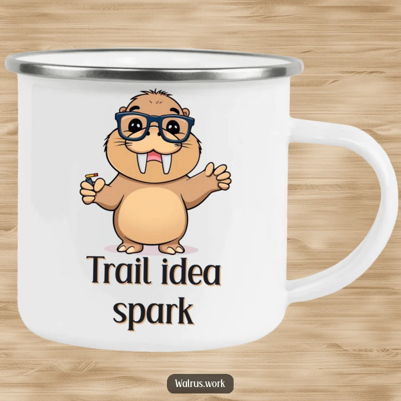 Funny camping mug with a walrus wearing glasses pointing triumphantly at a whiteboard, perfect for smart ideas.