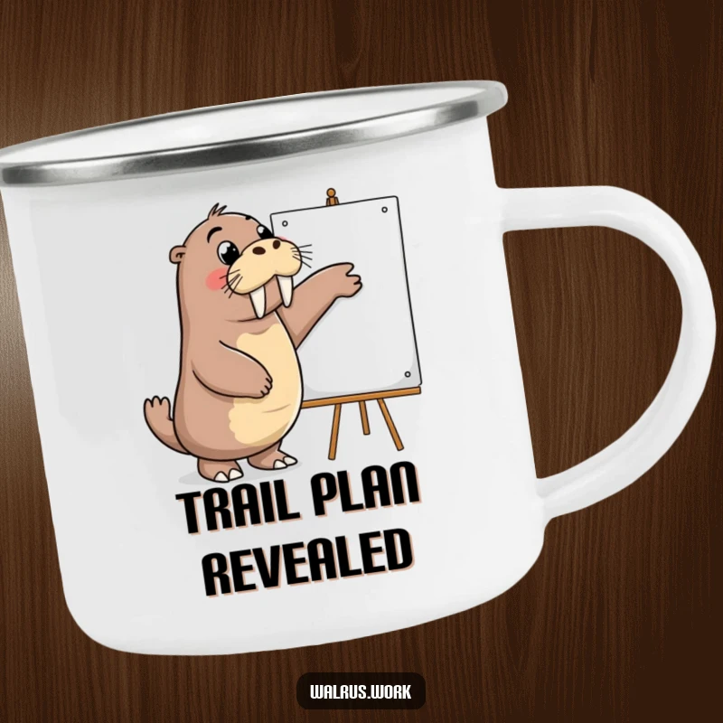 Funny camping mug of a walrus enthusiastically pointing at a whiteboard, perfect for outdoor enthusiasts who love sharing ideas.