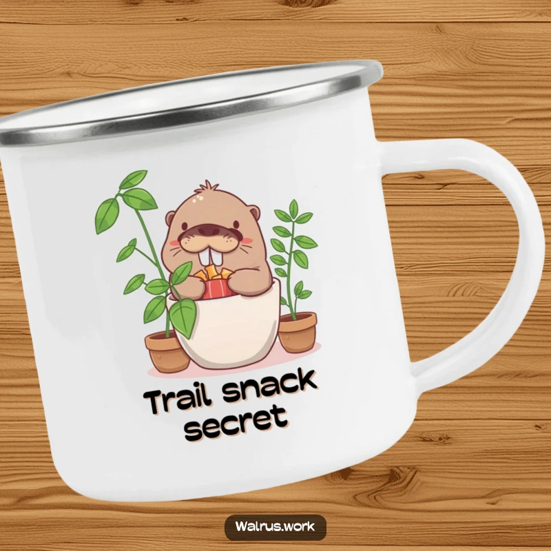 Funny giggling walrus character hiding snacks in a potted plant, holding a camping mug, enjoying the outdoors.