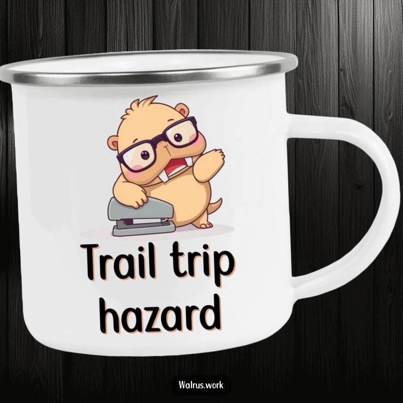 Funny Walrus Stapler Trip Camping Mug: Spectacled walrus character comically tripping over a stapler, durable for outdoor use and humorous appeal.