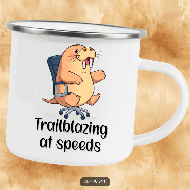 Funny energetic walrus camping mug showing a sea mammal hilariously trying to ride a rolling office chair, a rugged funny gift.