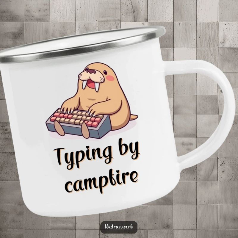 Funny typing walrus camping mug, a walrus typing on a mini keyboard, ready for outdoor adventures and hot beverages.