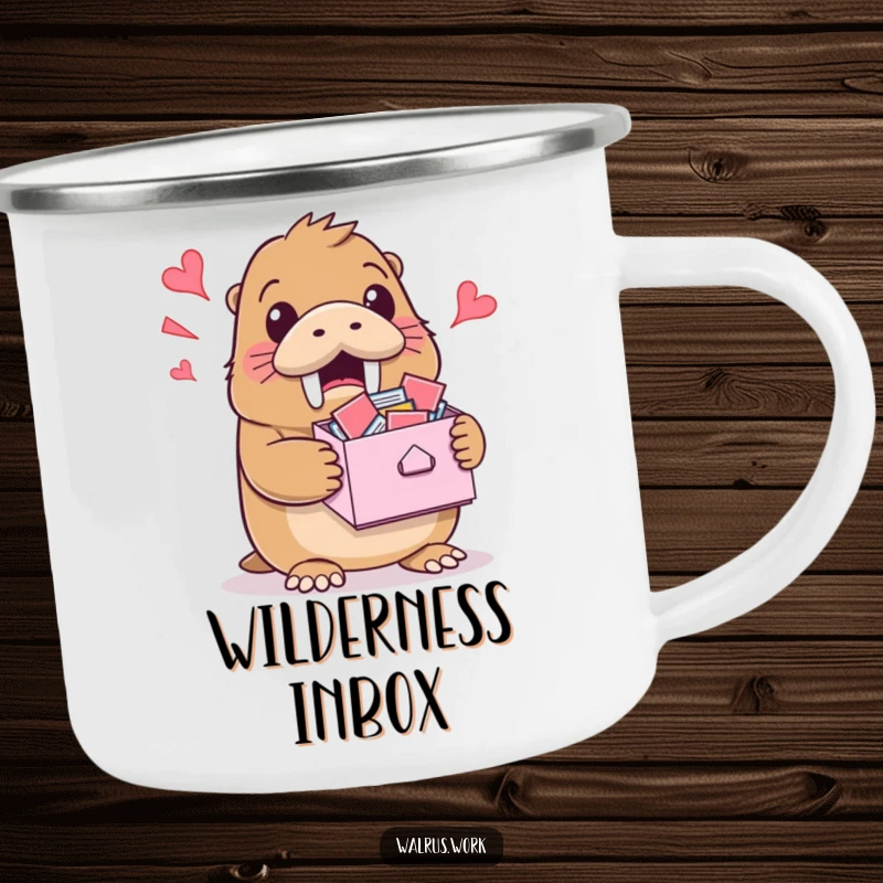 Funny camping mug with a walrus holding an overflowing inbox, ideal for coffee or tea anywhere.