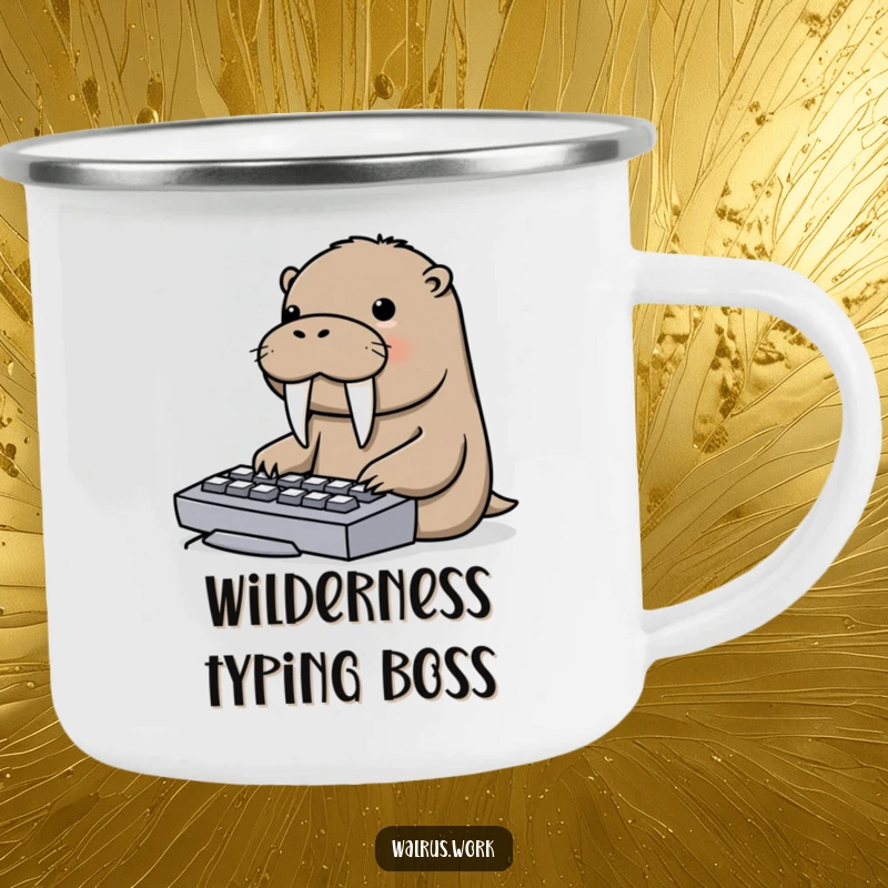 Funny camping mug depicting a walrus playfully typing on a keyboard using its tusks, perfect for outdoor use.