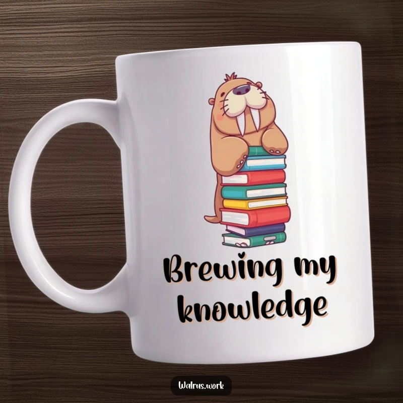 Funny Walrus Mug: A walrus precariously balances a tall stack of books, depicting a humorous struggle for book enthusiasts.