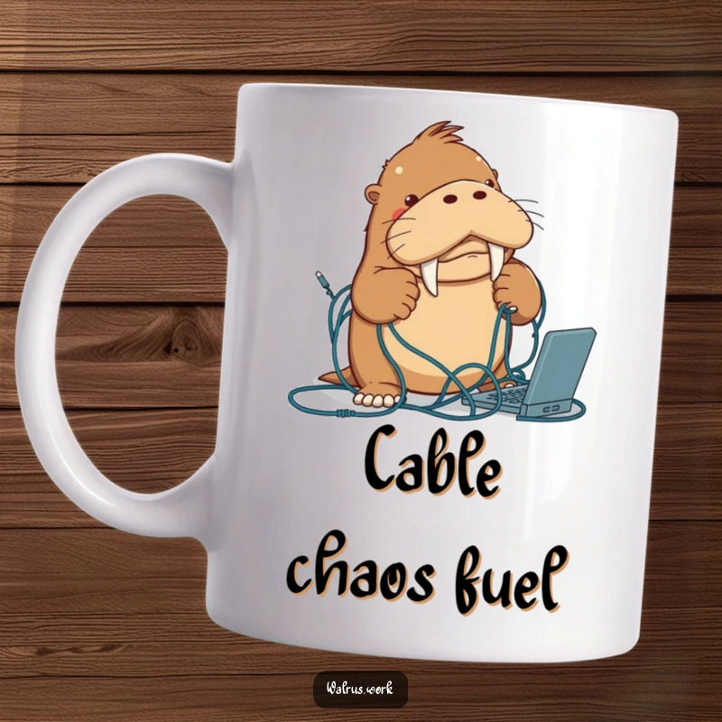 Funny walrus mug showing a determined walrus character struggling comically with a massive tangle of computer cables.