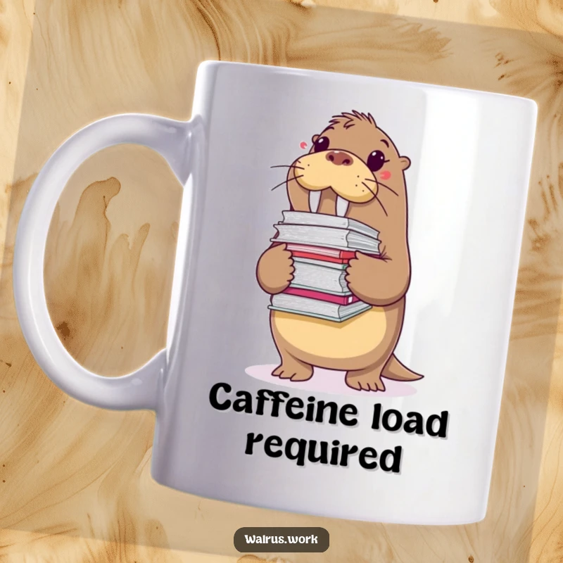 Funny mug showing a walrus precariously balancing a huge stack of files, symbolizing workload challenges and relatable stress.