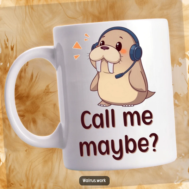 Funny walrus mug showing a walrus wearing a headset, eyes wide with surprise at an incoming phone call.