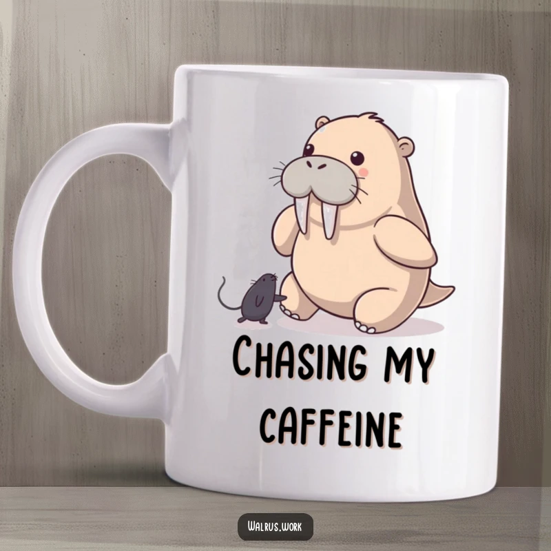 Funny Walrus Mug: A walrus playfully chases a computer mouse pointer across a screen, depicting a humorous tech moment.