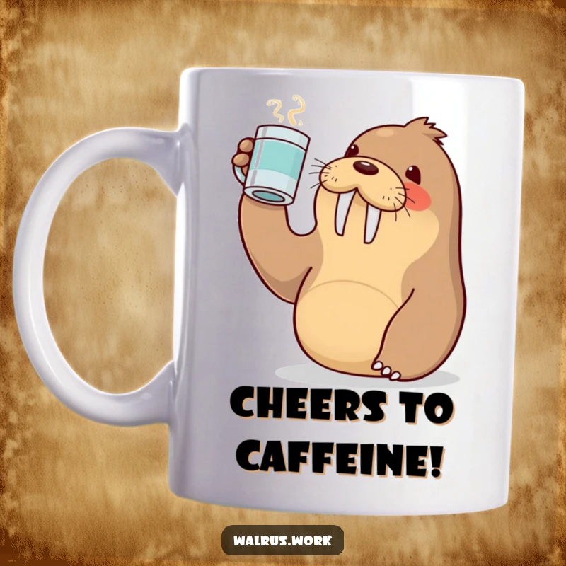 Funny Kawaii walrus mug with a coffee cup held high in a toast, celebrating morning brews and good cheer.