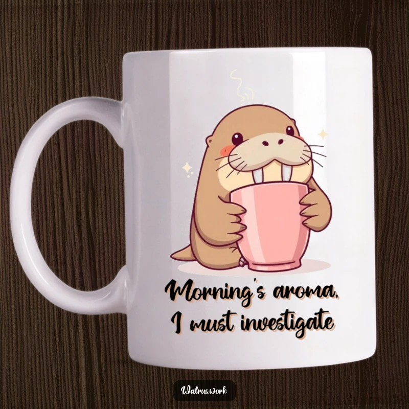 Funny coffee mug featuring a walrus with wide eyes curiously sniffing the steam rising from a hot beverage, a delightful gift.
