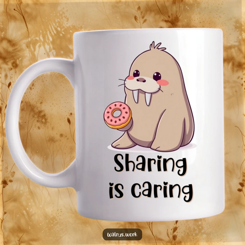 Funny smiling walrus mug offering a tiny donut from its flipper to another, a sweet and kind funny gift.