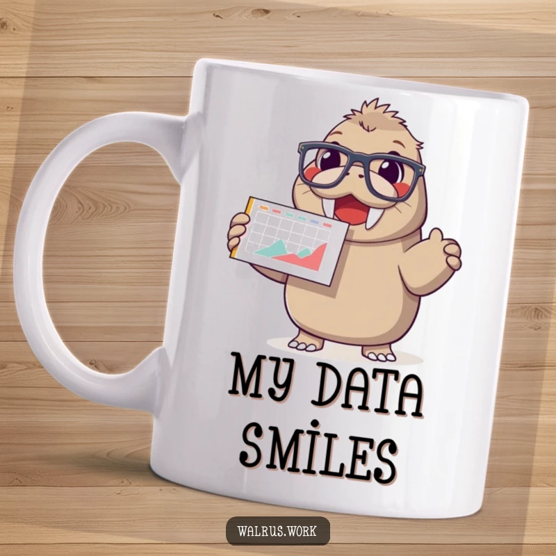 Funny mug with a happy walrus wearing oversized glasses, eagerly presenting a chart with a smiling face on it.