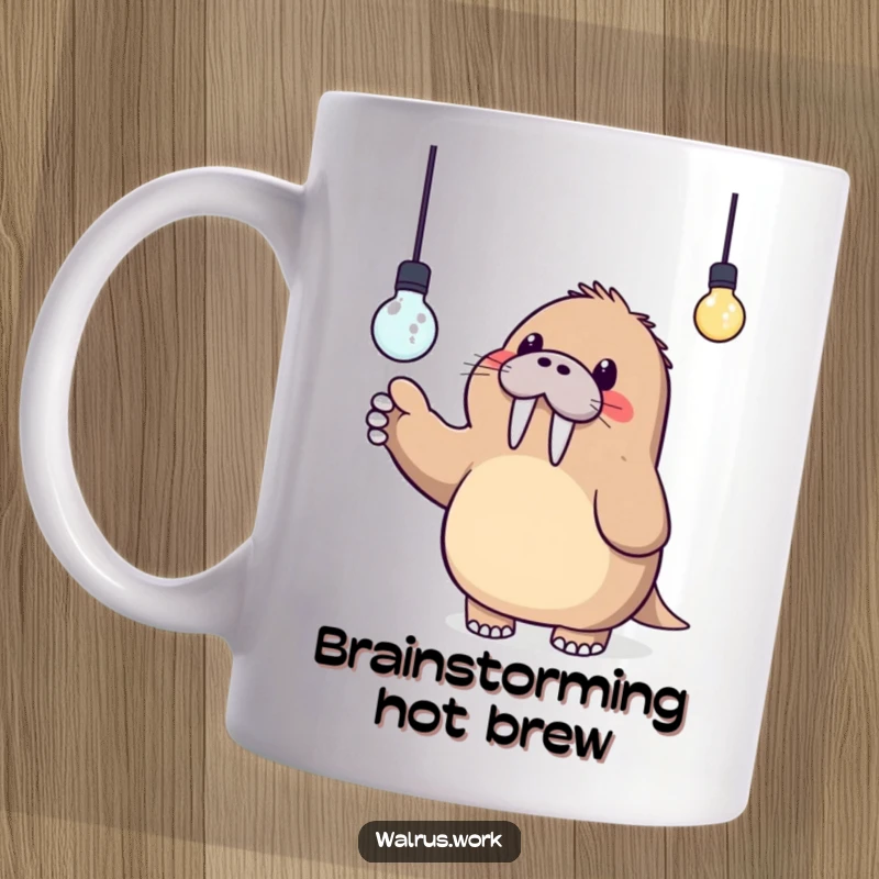 Funny Kawaii walrus mug with an excited expression pointing at a glowing lightbulb, signifying a great idea or inspiration.