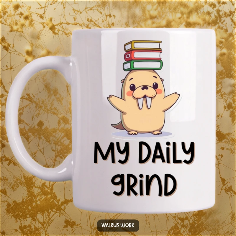 Funny Kawaii walrus mug with a pile of files teetering on its head, representing a heavy workload and office stress.