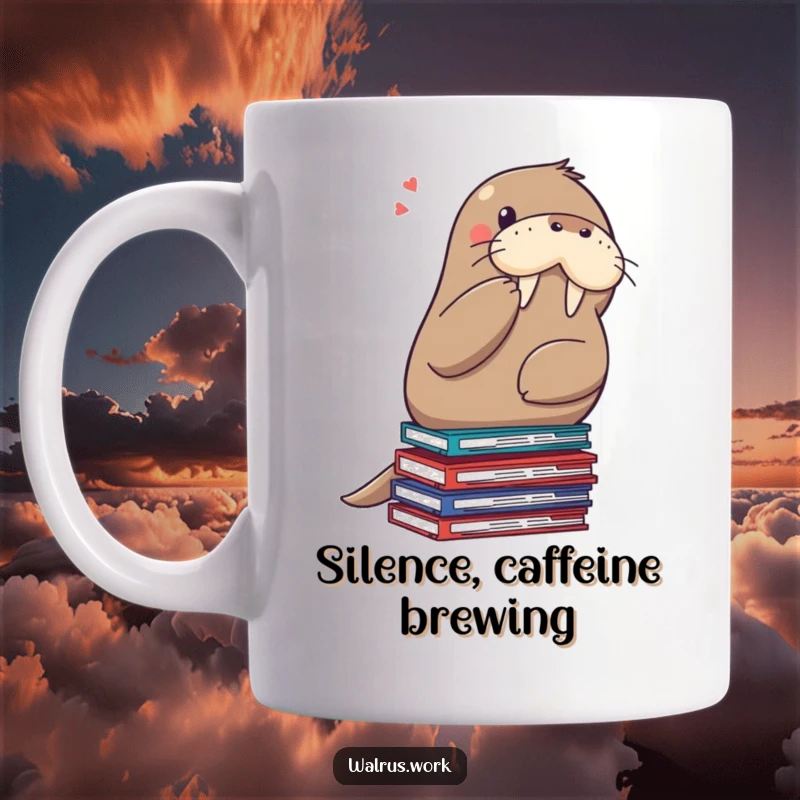 Funny shushing walrus mug, a walrus holding a paw to its mouth, balancing on a pile of documents emphasizing office bureaucracy.