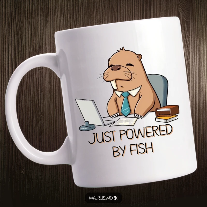 Funny sleepy walrus wearing a tie, dozing off at a messy office desk, perfect for coffee lovers needing a laugh.