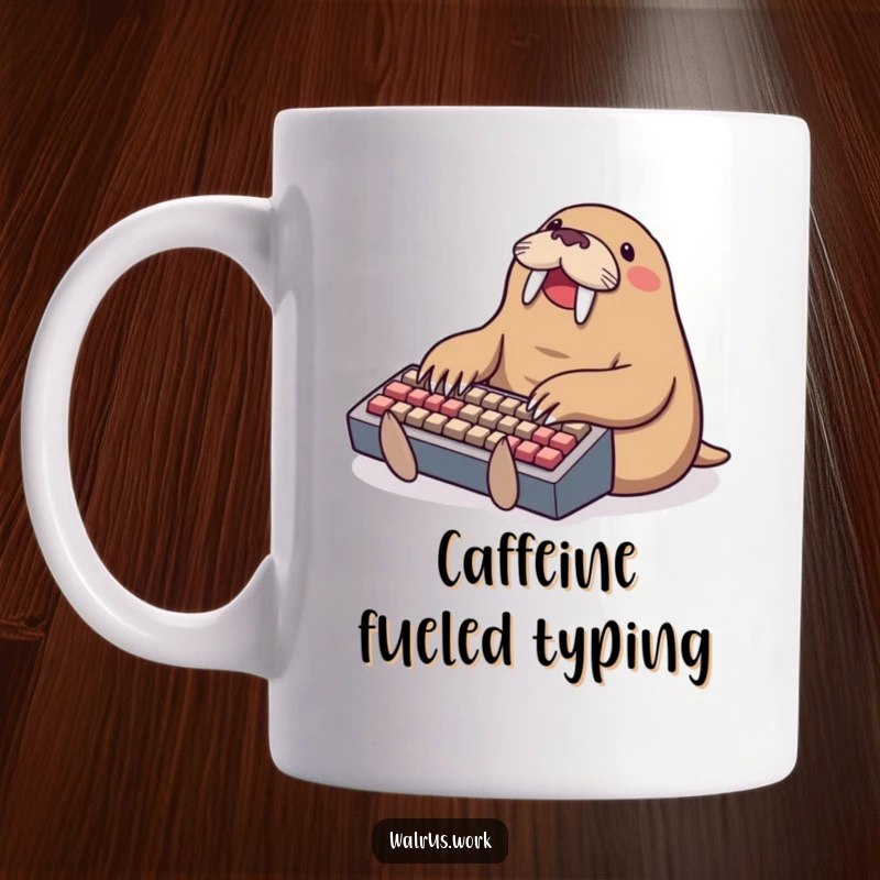 Funny typing walrus mug, a walrus happily pounding on a tiny keyboard, showcasing dedication to digital tasks with glee.