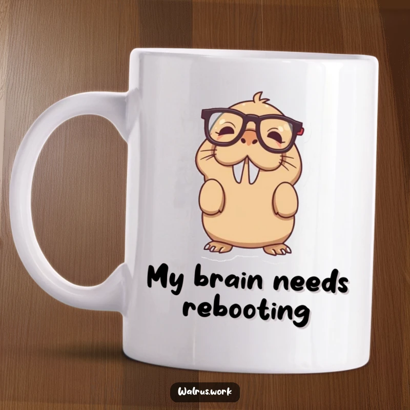 Funny upside down glasses walrus mug showing a confused sea mammal struggling with eyewear, perfect for a quirky gift.