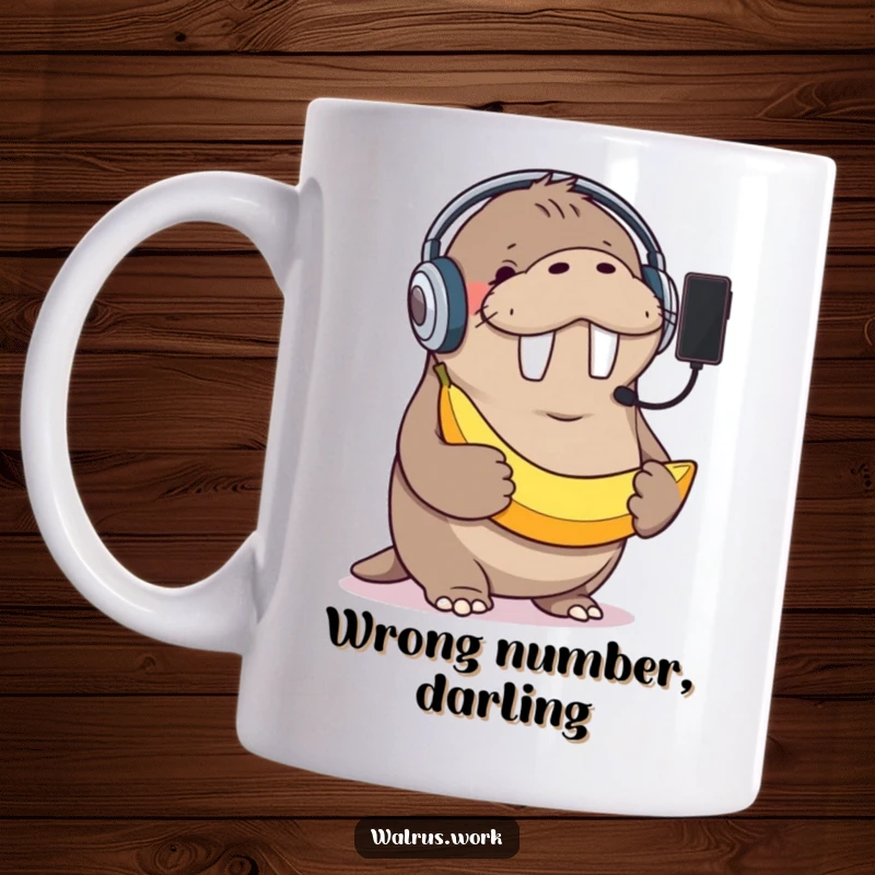 Funny mug showing a giggling walrus wearing a headset, holding a banana as a phone, symbolizing tech fails and cheerful confusion.