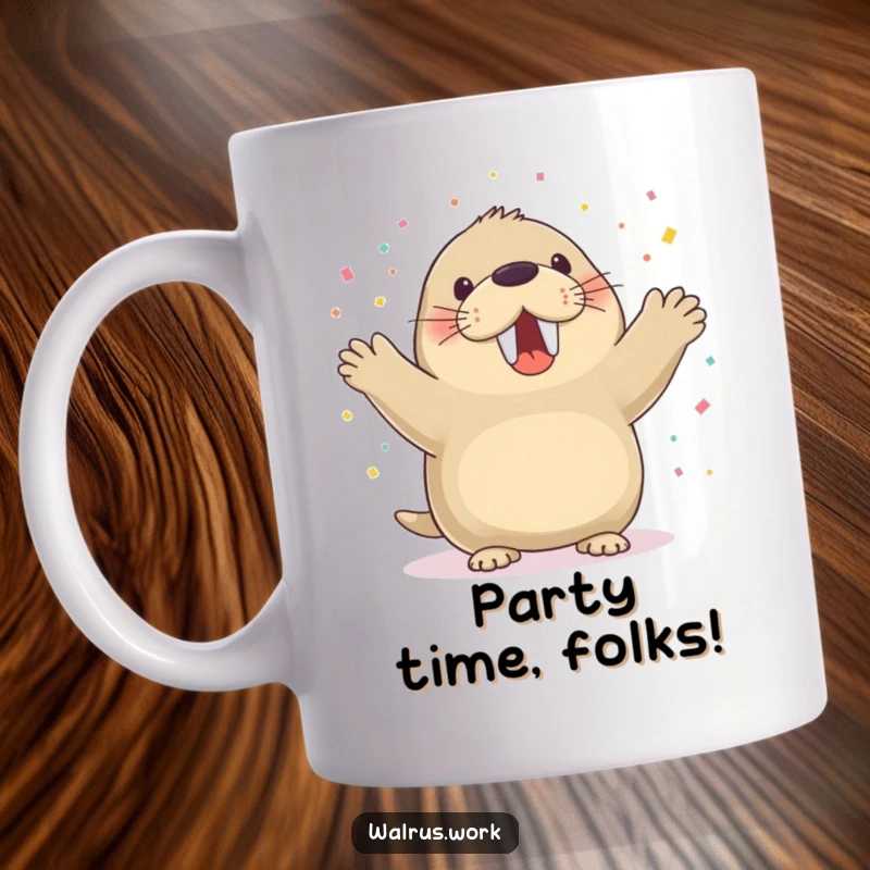 Funny walrus mug with a walrus cheering and confetti falling, perfect for celebrations.
